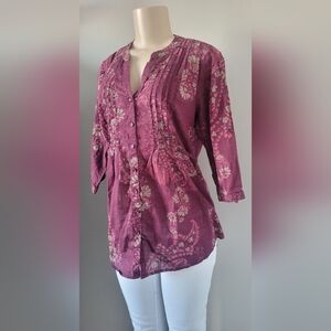 Sonoma 100% Cotton Women's Boho Blouse Paisley Pleated V-Neck Burgundy Medium